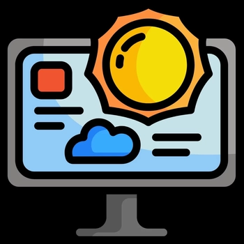 Image of a computer screen with a hot sun emerging from it and illegible writing behind