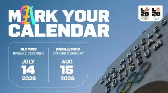 Image shows Los Angeles Coliseum in background with graphics showing the dates of upcoming Olympics-related events in 2028.