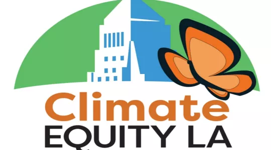 Logo of CEMO, with image of LA City Hall and a butterfly winging by - and text saying: CLIMATE EQUITY la