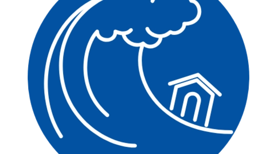 Drawing of a large wave carrying a small house