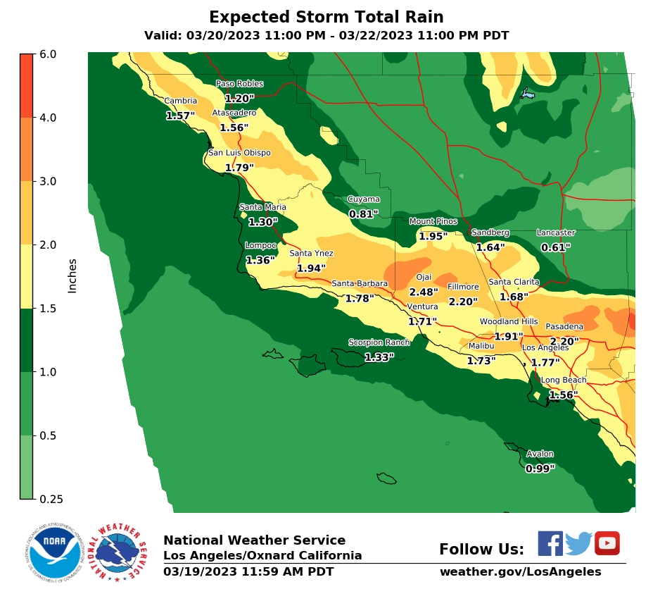 Rainfall total graphic for Monday night through Wednesday. One to three inches of rain expected for coasts and valleys with two to four inches across lower mountains. Mainly snow is expected across higher mountains.