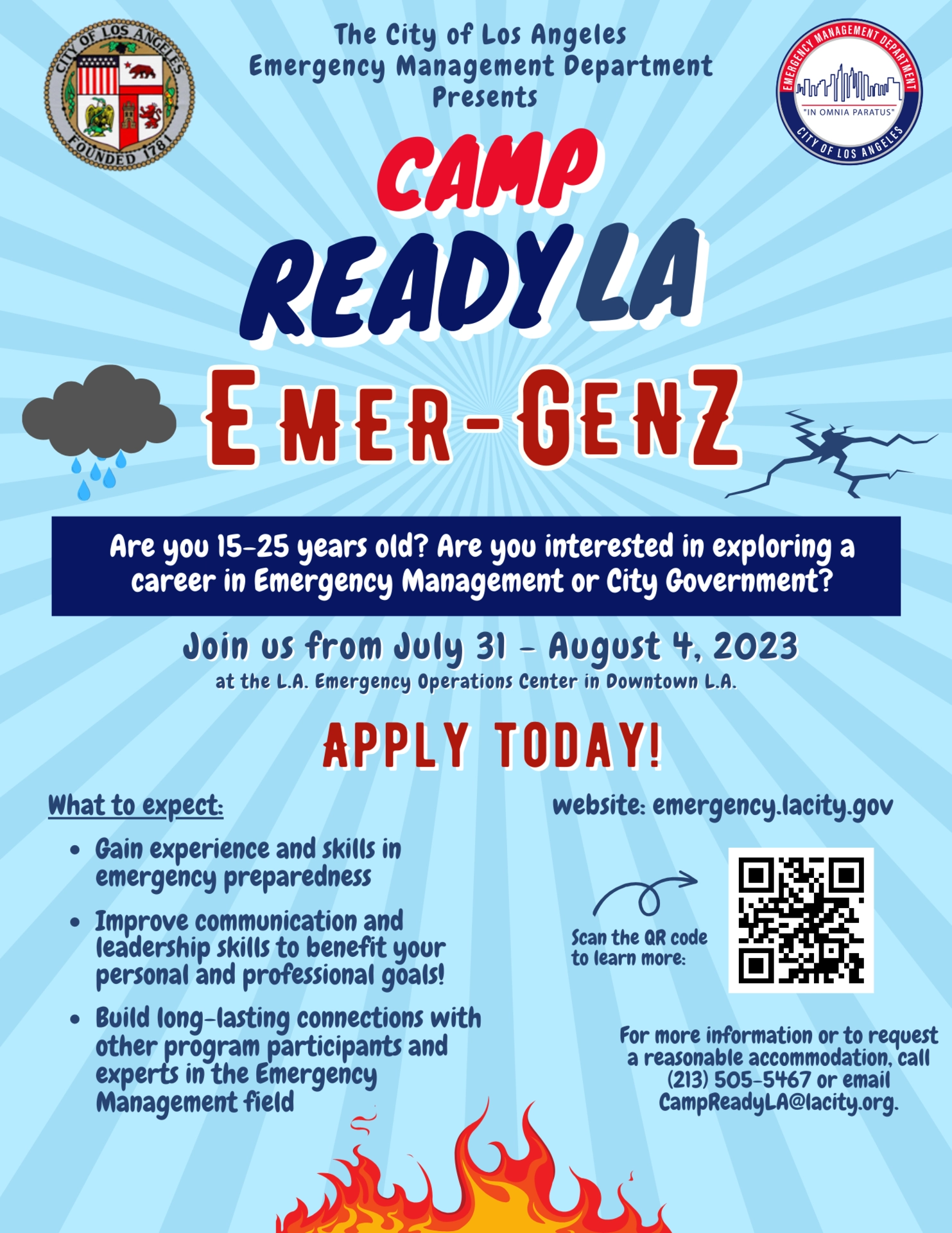 Flyer for CampReadyLA Emergen-Z for individuals ages 15-25 taking place from July 31- August 4 at the Downtown LA EOC.