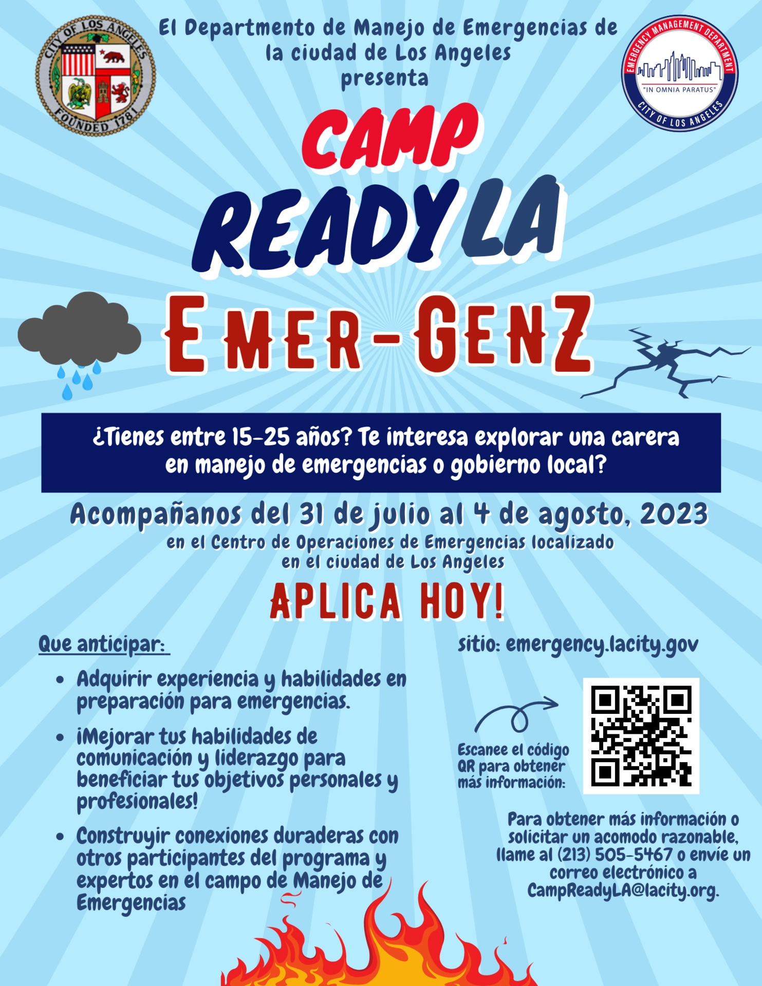 Volante promocionado el evento, Camp ReadyLA empezando el 31 de julio al 4 de agosto. Escanea el codigo QR para applicar o visita el sitio web https://emergency.lacity.gov/la-preparedness/camp-readyla