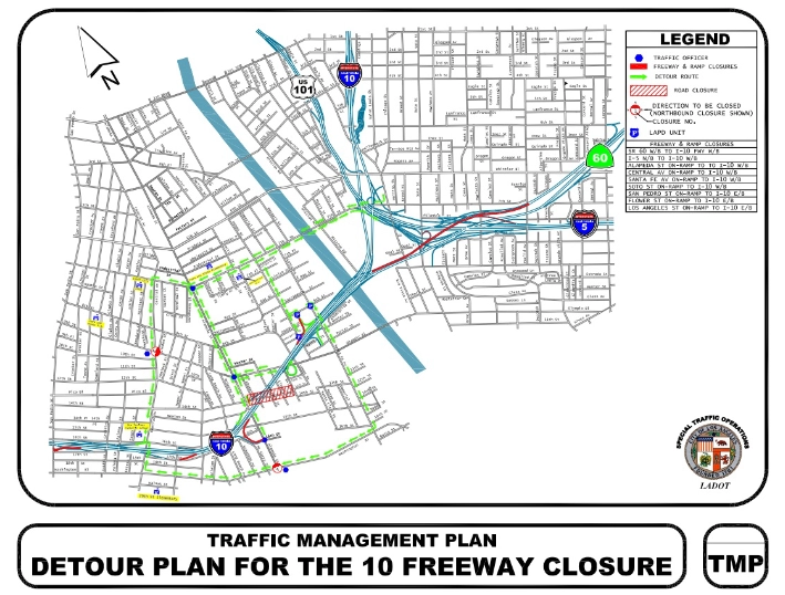 A map showing alternate strees used to work around the 10 Freeway closure. TEXT: Traffic Management Plan ; Detour Plan for the 10 Freeway Closure.