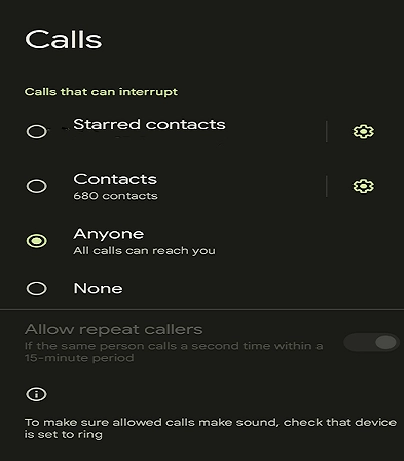 A cellphone setup screen showing various "calls that can interrupt" settings; the button marked "anyone" has been selected.