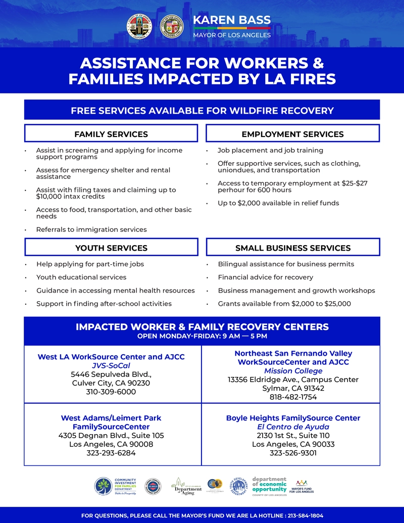Flyer entitled "Assistance for Workers & Families Impacted by LA Fires" from Mayor Karen Bass, City of Los Angeles. Recovery centers are open Mon-Fri, 9 AM-5 PM. Contact the Mayor’s Fund We Are LA Hotline at 213-584-1804 for assistance.