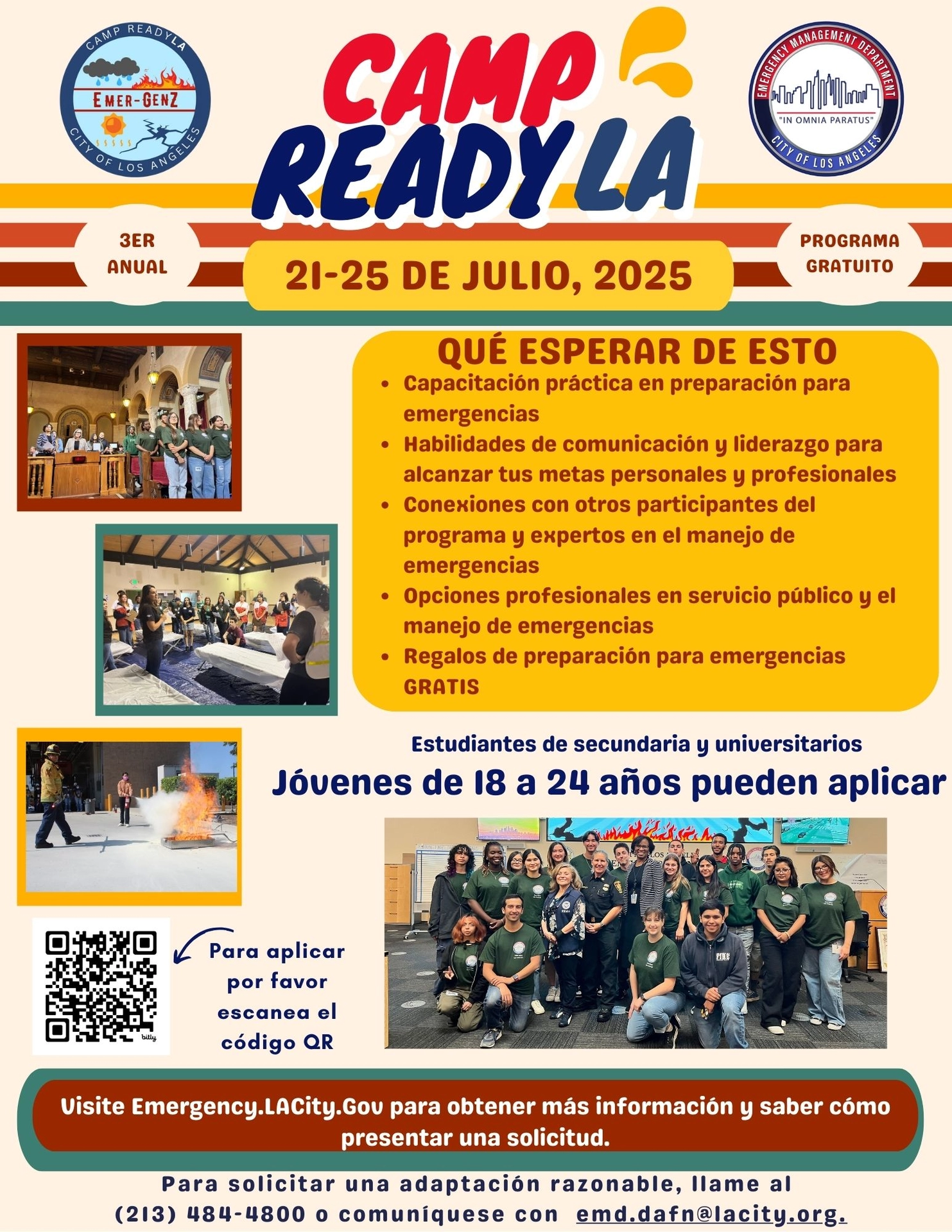 La imagen corresponde al folleto de Camp ReadyLA 2025. El campamento es gratuito y se llevará a cabo del 21 al 25 de julio de 2025. Es para personas de entre 18 y 24 años. Las solicitudes abren el 1 de mayo.