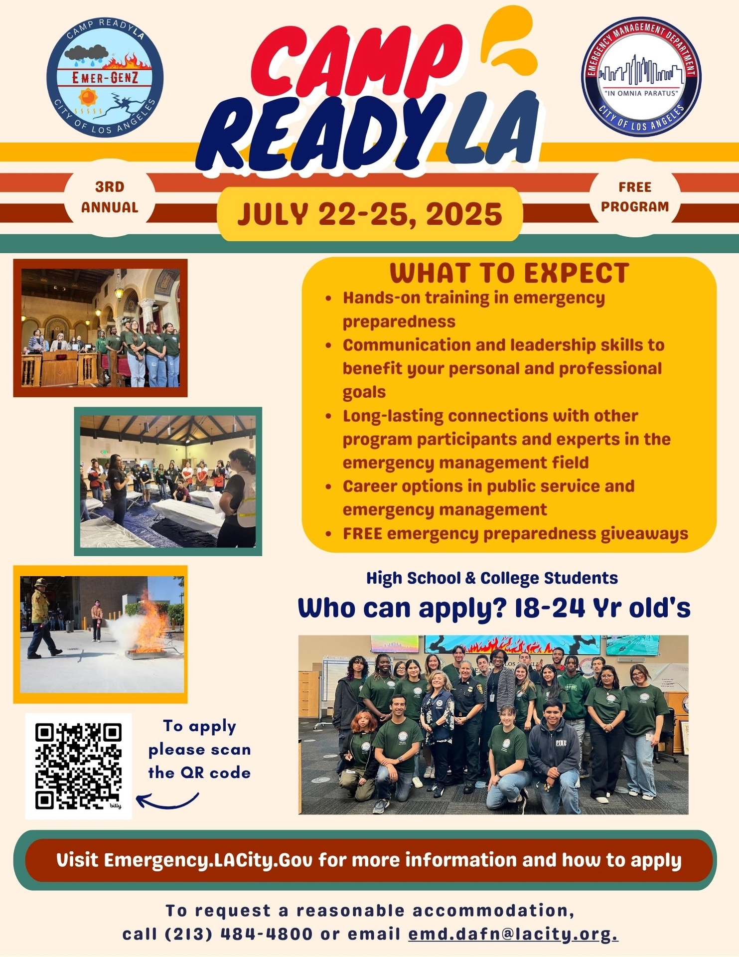 Camp ReadyLA 2025 Flyer. Flyer has information about camp readyLA such as what to expect like hands-on training in emergency preparedness, communication and leadership skills to benefit your personal and professional goals, long-lasting connections with other programs participants and experts in the emergency management field. Flyer also states anyone 18-24 years old can apply.