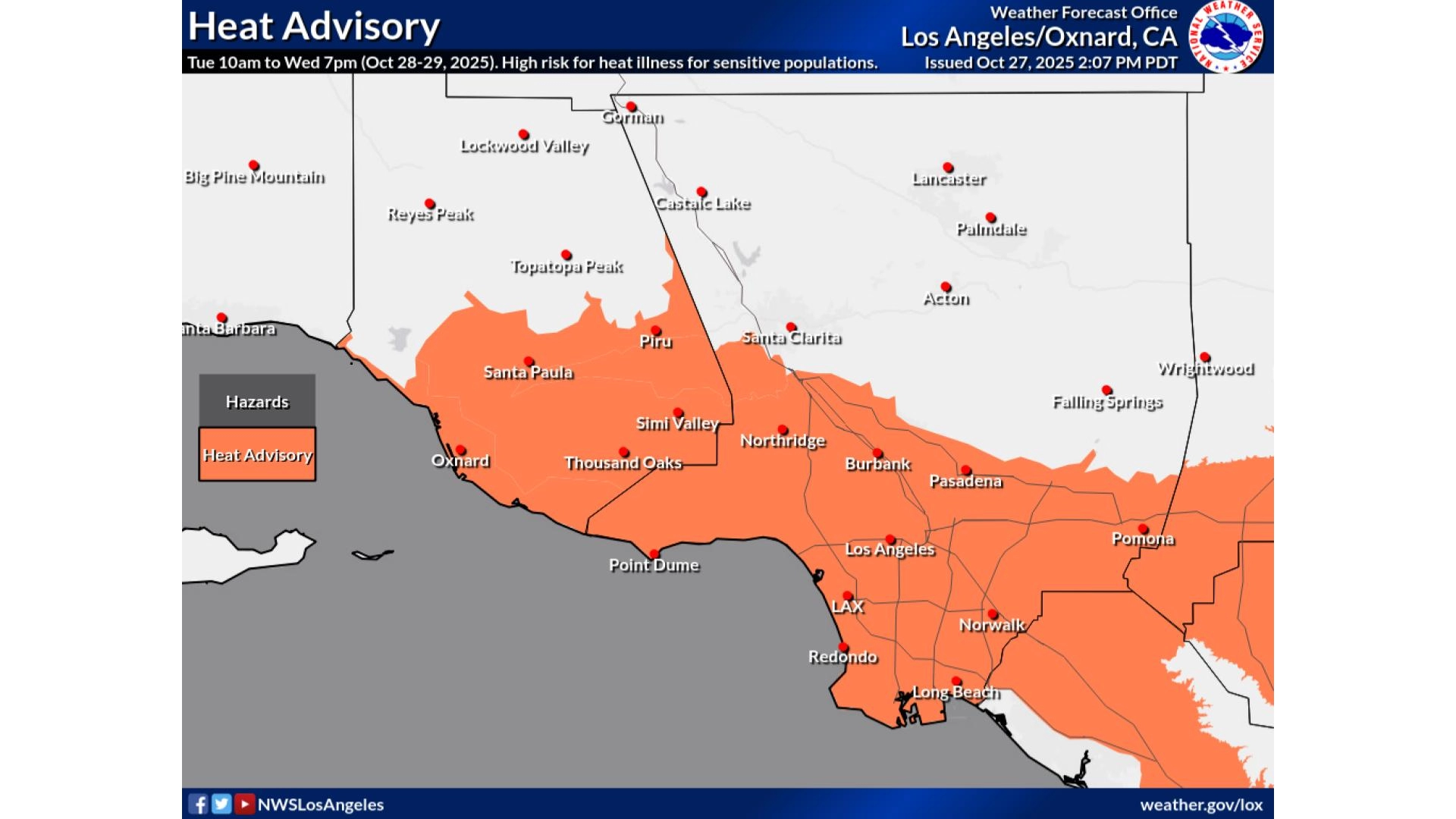 Santa Ana Winds will bring well above normal temperatures with most areas in the upper 80s to low 90s. Heat may affect those who are sensitive to heat, especially those without cooling/hydration.