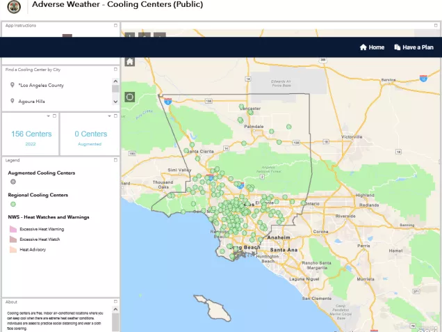 A screenshot of the LA County interactive map showing available cooling center locations,