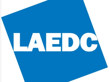 LAEDC in block letters against a diamond-shaped blue background.