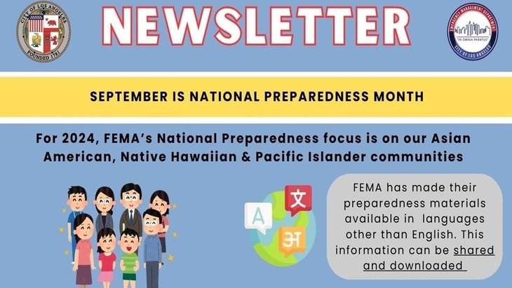 With City seals and cartoon images of Asian-ancestry appearing people, TEXT: September is National Preparedness Month / For 2024 FEMA's focus is on Asian American, Native Hawaiian and Pacific Islander communities.