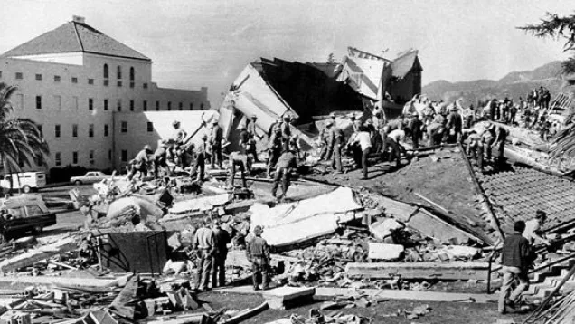 1971 quake 3.jpg Crews asses a structurally demolished building due to the Sylmar earthquake in 1971