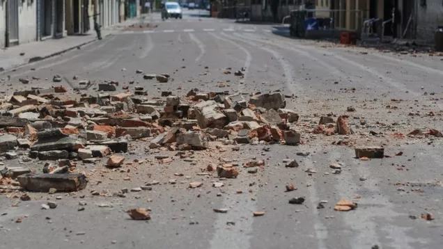 A street with rubble.