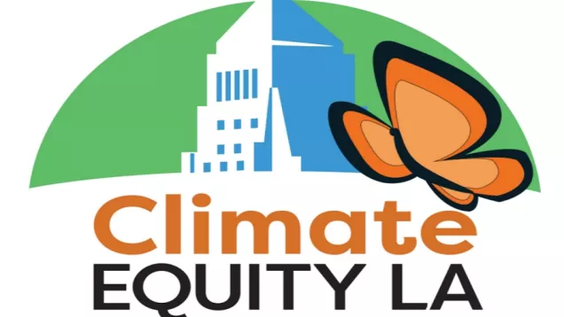Logo of CEMO, with image of LA City Hall and a butterfly winging by - and text saying: CLIMATE EQUITY la