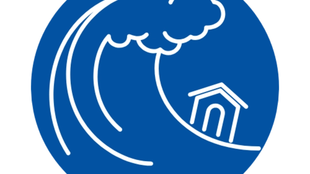 Drawing of a large wave carrying a small house
