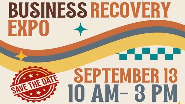 Seal with the words: Save the Date / TEXT: Business Recovery Expo / September 13; 10 AM to 3 PM