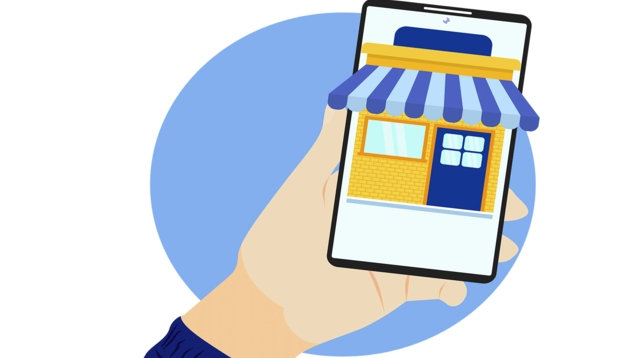 A cartoon hand holds a smart phone with an overlay of a storefront business with a colorful awning