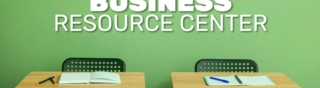 Two chairs behind small desks with papers and pencils. TEXT: Business Resource Center