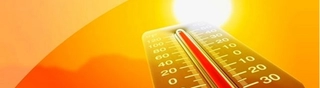Image of a hot sun in the sky and a thermometer showing a high temperature slanted away from the foreground.