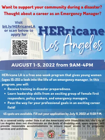 HERricane Los Angeles event flyer with semi-transparent image of LA City Hall in the background and the Emergency Management Department, City of Los Angeles, and HERricane logos at bottom center. Information on flyer is listed at bit.ly/HERricaneLA.