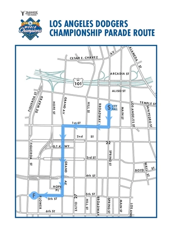 A map of Friday's Dodgers' World Series Victory Parade, November 1, 11 AM beginning at City Hall and traveling south-by-souhwest along Spring, 1st, Grand and 5th streets.