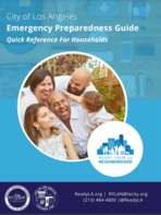 Cover image of the LA City Emergency Preparedness Guid Quikc Reference for Households with an image of family members playing and laughing in a backyard. Also shows the logos of Emergency Management and the City, plus the emblem of Ready Your LA Neighborhood.