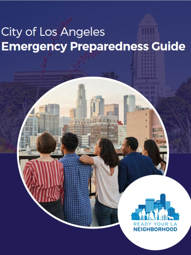City of LA Emergency Preparedness Guide /  Imaage of a City skyline with a group of people facing and looking at it.