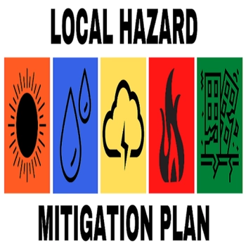 Text: LOCAL HAZARD MITIGATION PLAN - appears above and below drawings illustrating extreme heat, rainstorms, lightning strikes, wildfires, and earthquakes.