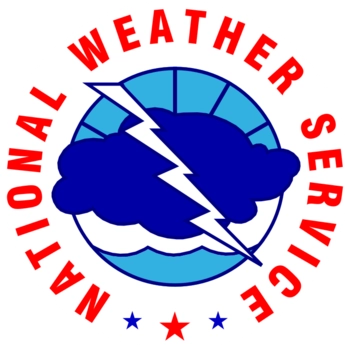 The logo of the National Weather Service showing a storm cloud with a lighting bolt through it.and the NWS name wrapped around the image.