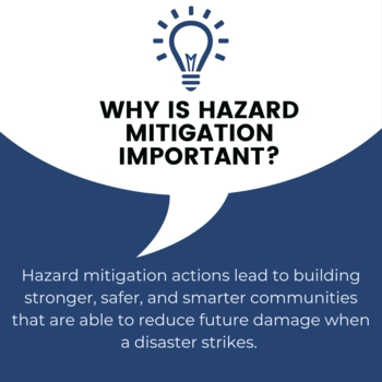 An outline image of a lightbulb lit: Why is hazard mitigation important? / Hazard mitigation actions lead to building stronger, safer, and smarter communities that are able to reduce future damage whan a disaster strikes.