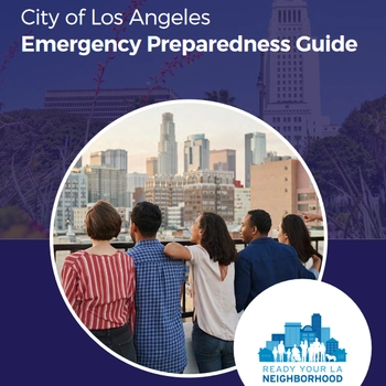 City of LA Emergency Preparedness Guide /  Imaage of a City skyline with a group of people facing and looking at it.
