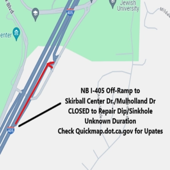 A map portion shows where a ramp for the northbound 405 near Mulholland drive has been closed for an unknown duration.