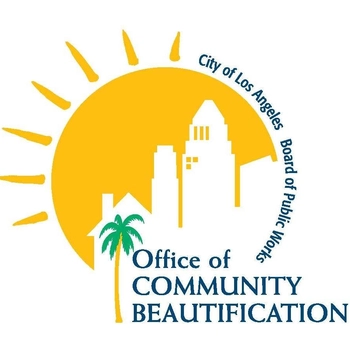 Large sun behind a stencil of LA City Hall and a palm tree. TEXT: LA City Board of Public Works' Office of Community Beautification.